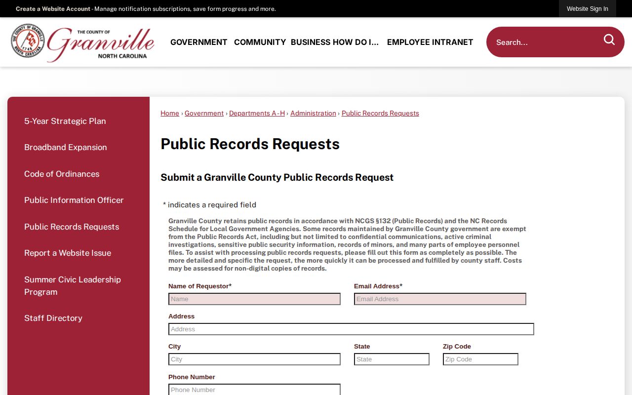 Granville County public records request page for booking and arrest records